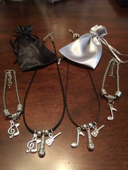 NEW Music Guitar, Microphone, Note, Charms on PU Brown/Black Cord With or Without Matching Bling Bracelet