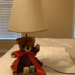 Stuffed Bear And Wood Blocks Nursery Or Children’s Lamp With Shade And Wood Base
