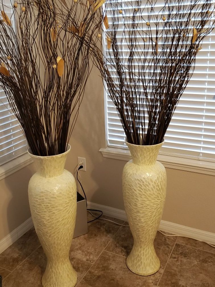 Two Decorative Vases With Decorative Grass Included