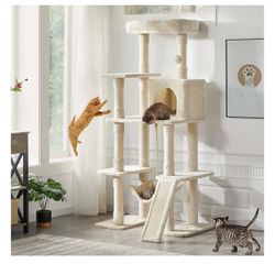 Cat Tree, 63 Inches Multi-Level Indoor Cat Play Structure with Scratching Posts, Hammock, and Dangling Ball