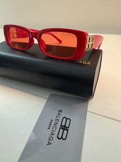 Balenciaga Red Rectangular Sunglasses with Gold BB Logo