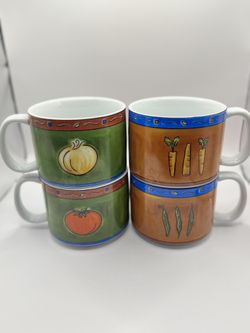 Vintage Set of 4 MSC Vegetable Soup Mugs - Illustrations by de Jocha | 16 oz Stackable Ceramic Cups