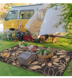 GENIMO Outdoor Rug Waterproof for Patio Decor, 8' x 10' Reversible Plastic Straw Floral Camping Carpet, Large Area Rugs Mats for RV, Camper, Deck, Bal