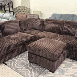 New 99x99 Brown Corduroy Sectional Couch With Ottoman / Free Delivery 