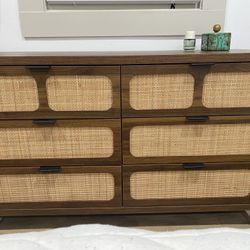 6 Drawer Dresser for Bedroom, Rattan Dresser Drawer Organizer with Metal Handles