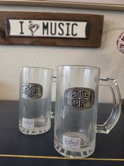 Mullingar Pewter Celtic Cross Glass Beer Mugs Set of 2