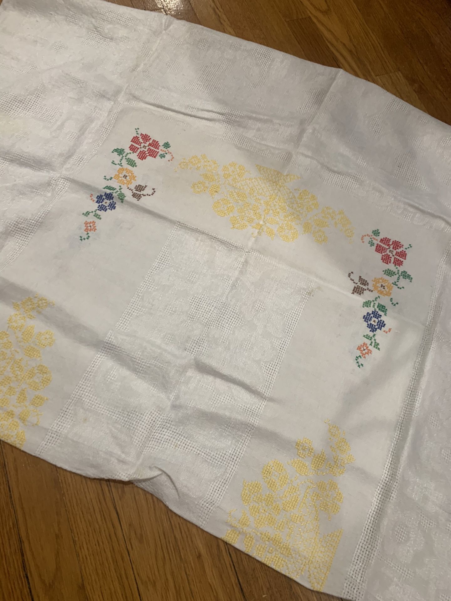 Antique Vintage Linen cloth with Cross Stitch motif 50” x 69”