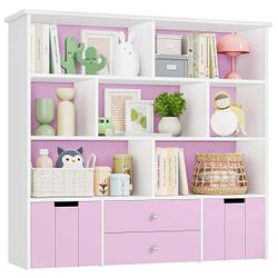 49.1" Kids Bookcase & Toy Organizer - 7-Cube Storage Shelf with 4 Drawers (2 Wheeled) & Anti-Tip Design, Modern Playroom Storage Cabinet for Books, To