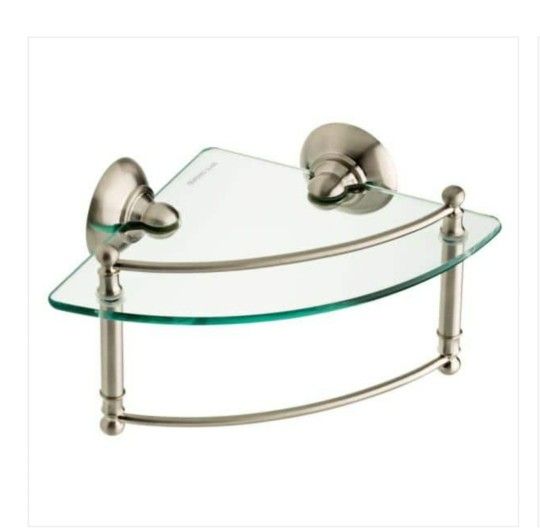 8in. W Glass Corner Shelf with Hand Towel Bar in Brushed Nickel