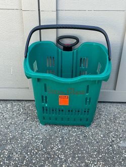 Rolling Shopping Basket Green Plastic Grocery Store Cart with Handle