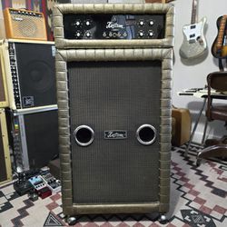 (TRADES) Vintage 1970's USA Made Kustom K200B-1 Amp Head & CTS 2x15 Speaker Cabinet Champagne Silver Sparkle Tuck And Roll Half Stack