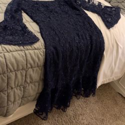 Handmade Navy Lace Evening Off-Shoulders Gown — Tailored, Size ~12–14 (Formal / Bridal Party)