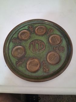 Vintage Judaica Classic Tealish Copperish 9" Passover Seder Plate, made in Israel Rare