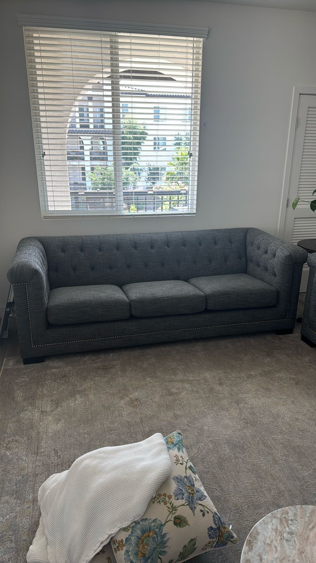 2 Grey Chesterfield-Style Couches – Excellent Condition!