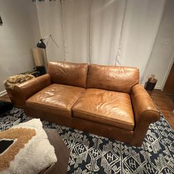 (best Offer) Mid-Century Style Leather Sofa & Chair – Rich Cognac Color(like New )