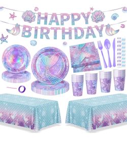 🆕 in 📦 195Pcs Mermaid Birthday Party Decorations with Happy Birthday Banner Tablecloth,Mermaid Themed Party Supplies with Plates Cups Napkins Straws