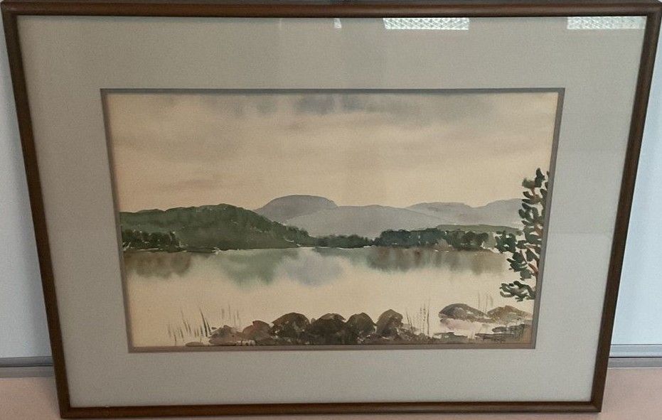 Lake and Mntn Scene Vintage Framed Watercolor