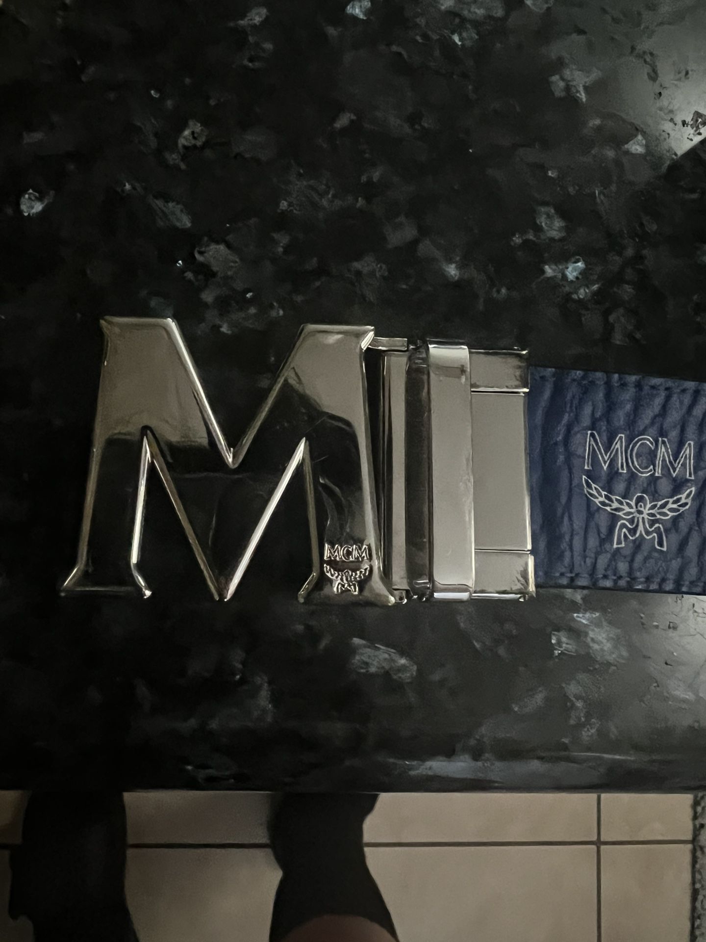 MCM Claus Reversible Logo Engraved Belt BLUE/ BLACK W/ SILVER BUCKLE