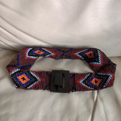 Beaded Elastic Stretch Belt Diamond Pattern Aztec/ Boho Wood Interlocking Buckle