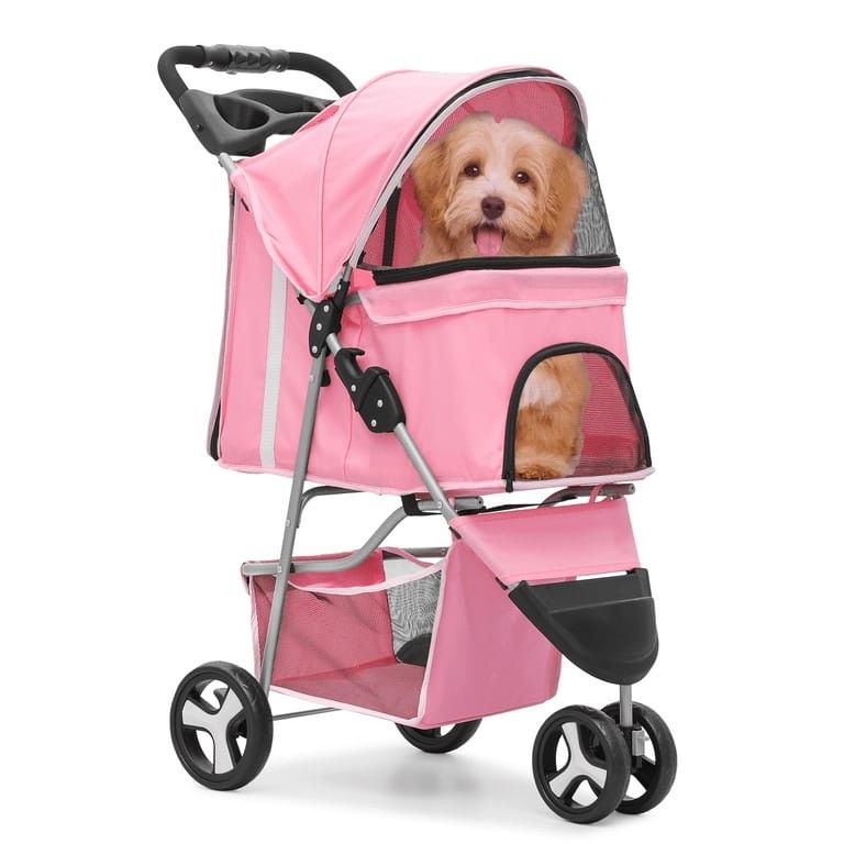 Pet Dog Stroller with Wheels, Foldable Cat Dog Stroller with Storage Basket and Cup Holder for Small and Medium Cats, Dogs, Puppy