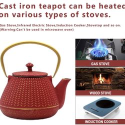 Small Cast Iron Tea Kettle for Stovetop Safe, Red Tea Pot Coated with Enameled Interior, Durable Teapot with Stainless Steel Infuser for Loose Leaf (1