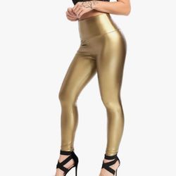 Small Gold  Leather Leggings PU High Waist Butt Lifting Pleather Pants Stretchy Faux Leather Tights Push Up