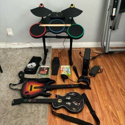 Tested Guitar Hero  Xbox 360 Full Bundle 2 guitars, drums, console, mic, 24 games