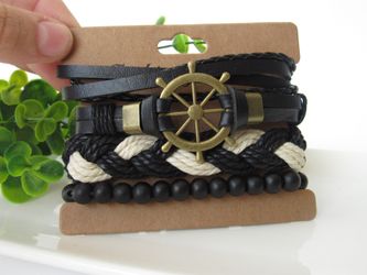Adjust. Size up to 9.5inc Punk Retro Nautical Leather Bracelet Set of 4, Ship Rudder