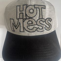 BLING BLING Blk & Diamond “Hot Mess” Grey & White Baseball Cap/Hat.  