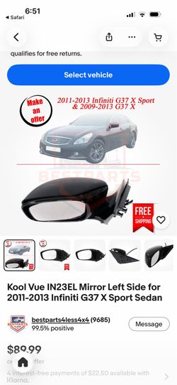 2009-2011 Infiniti G37 sedan Driver Mirror