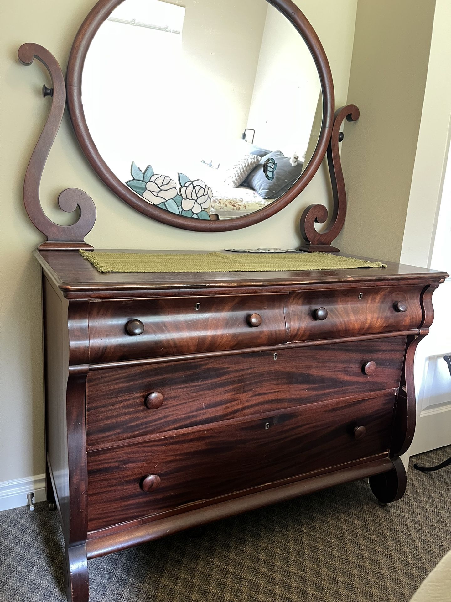 Antique 1911 Dresser & 4 Post Queen Bed Frame