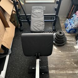 flybird weight bench + 45lb barbell and weights 
