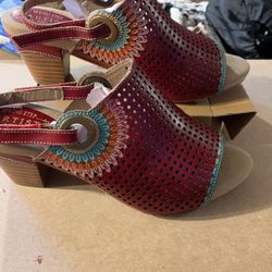 L’Artiste spring step Boho Heeled Slingback Sandals Red Leather