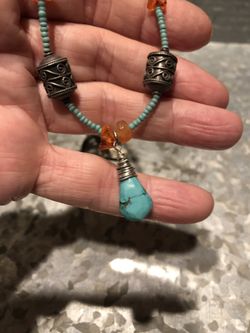 Turquoise pendant with sterling silver Tibetan beads
