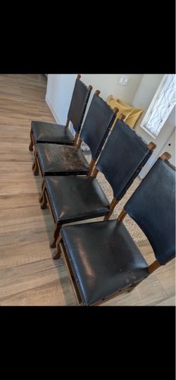 Vintage Spanish Revival Rare Set of 4 Leather Dining Chairs Black Leather