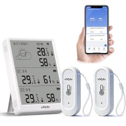 eMylo WiFi Thermometer Hygrometer 3 Pack, Smart Digital Indoor Temperature Humidity Monitor 328Ft Rang with 2 IP65 Outdoor Wireless Sensors, App Alert