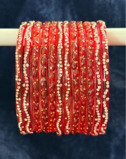 Red Glass Bangles Set with Gold Rhinestones