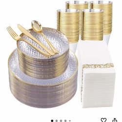 DaYammi 350PCS Clear Gold Plastic Dinnerware Set for 50 Guests, Hammered Disposable Plates for Party, Include: 50 Dinner Plates, 50 Dessert Plates, 15