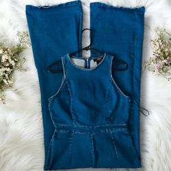 Denim by Jealous Tomato Retro Flare Leg Denim Jumpsuit High Neck Size L