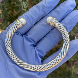 David Yurman 925 Sterling 14k Gold 7mm Cable Pearl Cuff Bracelet