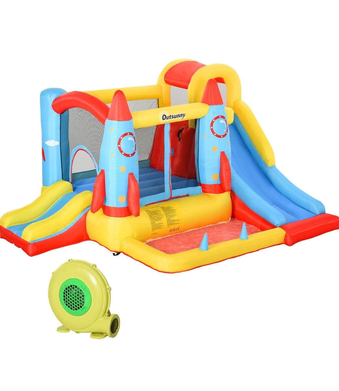Outsunny Kids Bounce House, 4-in-1 Rocket Inflatable Water Slide Jumping Castle with 2 Slides, Climbing Wall, Trampoline, & Water Pool Area, Air Blowe