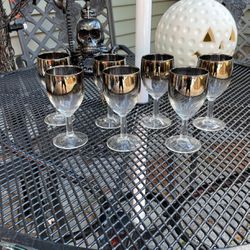 7 Antique Black Rimmed Wine Glasses, Ex Cond 5” Tall