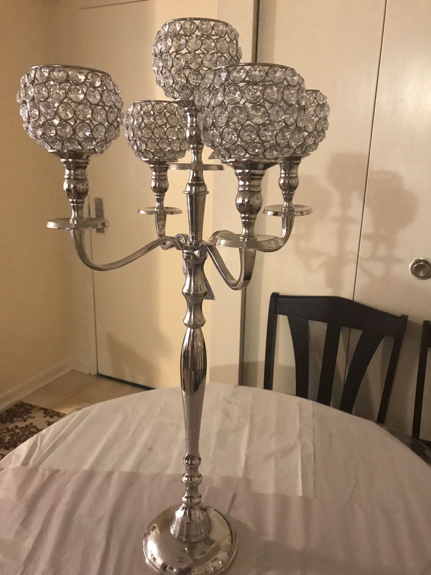 30” tall new silver crystal candle holder centerpiece 5 pockets click on my profile picture on this page to check out my other listings message me if