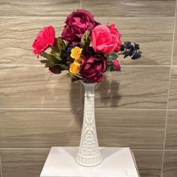 Artificial Flower Arrangement In Vintage Milk Glass Vase
