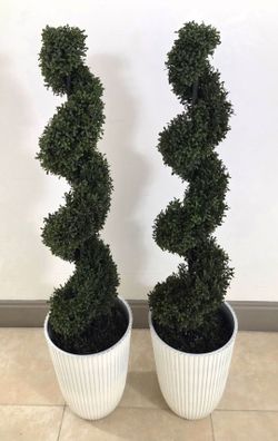 *** JUST REDUCED *** PAIR of 4ft Faux Boxwood Spirals in 14in White Ribbed Planters (2 for $110) @ Lasting Creations