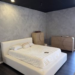 Hidden Storage Platform Bed – Cream Fabric Upholstered