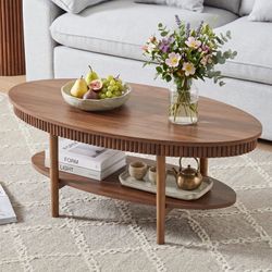 Mid-Century Walnut Oval Coffee Table, Fluted Edge 2-Tier Wooden Coffee Table for Home & Office