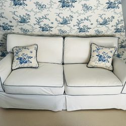 White Cotton 2 Seater Sleeper Sofa With Blue Piping 