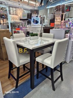 🥊 Dining Set 5 Pc, White Top Faux Marble, White Faux Leather, Black Frame, New in the Box.