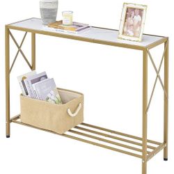 Entryway Table Narrow Sofa Table with Shelves, Entrance Table for Hallway, Entryway, Living Room, Foyer, Corridor, Office, Gold & White

